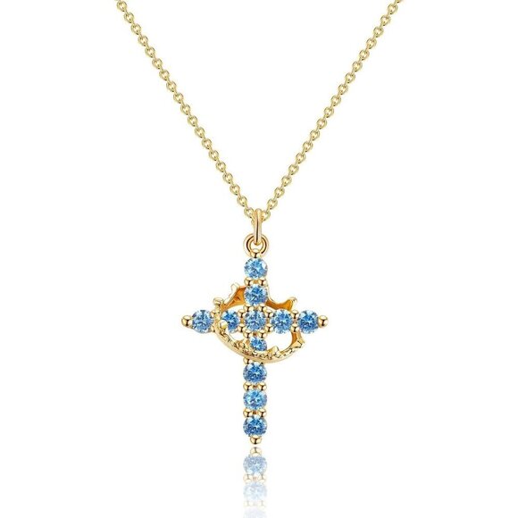 Jewelry - Women M12 Zircon Blue, Dec 14K Gold Plated Crown Cross Necklace - Non-Tarnish